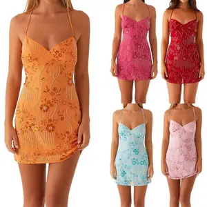 Women Mini Dress Sequins Flower Embroidery Sleeveless Cami Dress Summer Cross Backless Spaghetti Strap Dress Womenswear Check