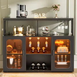 47" Wine Bar Cabinet with LED Lights and Charging Station, Adjustable Shelves Storage Buffet Cabinet, Multi-Functional Liquor Cabinet with USB Ports & Outlets, RGB Lighting for Home Bar, Kitchen or Dining Room