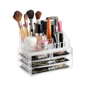 4 Drawer Acrylic Cosmetic Organizer – Clear Makeup Storage Box with 16 Compartment Top – Stackable, Dustproof, Easy Clean – For Home or Professional Use