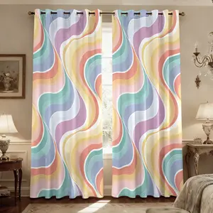 Blackout Curtains 2 panels, Room Darkening Wave Colorful Stripe Thermal Insulated Window Curtains for Living Room Curtain,Machine‑Washable Window Curtains with Grommet   ﻿