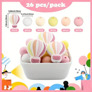 26PCS Pastel Hot Air Balloon Silicone Beads Set - 0.8 Inch Diameter, DIY Jewelry Making Kit for Bracelets, Keychains, Bag Accessories and Decorations - Colorful Handicraft Supplies, Pink, Yellow, Green and Blue Tones, Silicone Character Beads