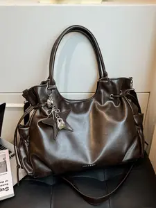 1pc Women's tote bag, Elegant commuter bag, solid color, shoulder bag, crossbody bag, zipper closure, free pendant, versatile, suitable for white-collar workers, commuting, shopping, dating, Pu Tote Satchel, Cross Body Bags