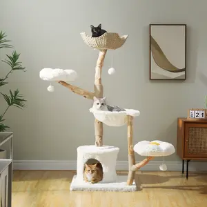 59" Bohemian Style Cat Tree Tower with 2 Petal Perches, Solid Wood Scratching Post with Upholstery and Wicker Basket Bed