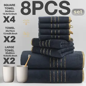 8-Piece Gold Trim Bath Towel Set, Quick-Dry Absorbent Microfiber, Includes Hand Towels & Face Cloths, Ideal for Home, Hotel, School Use