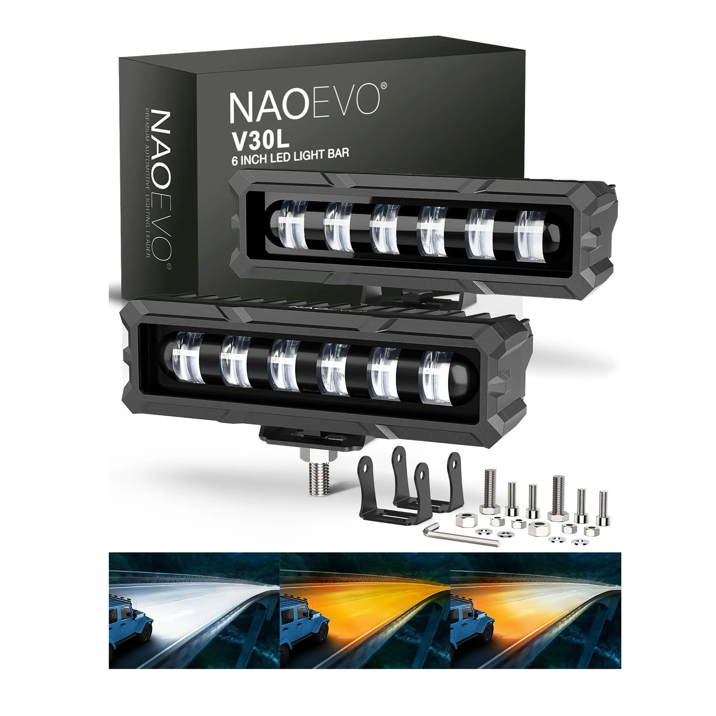 NAOEVO 6inch LED Light Bar 3 Modes, 50W 2300LM Spot Lights, 2 Pcs（The light only — wiring harness sold separately.）