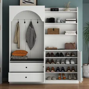 6-in-1 Hall Tree with Bench & Shoe Storage 71'' Entryway Bench Coat Rack 2 Drawers Cushion Wide White Farmhouse Hall Tree 3 Cubbies Wall Trees for Entryway