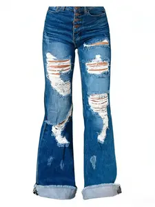 Women's Mid-Rise Wide-Leg Distressed Ripped Vintage Denim Jeans