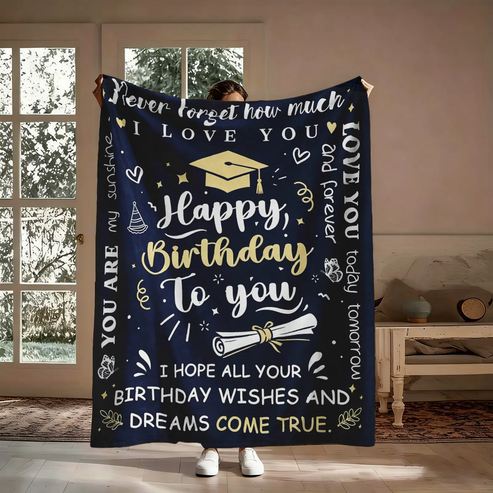 Personalized Navy Graduation Flannel Throw Blanket - Cap, Diploma, Love Notes Prints, Large Text-Letter Accent, Wrinkle Resistant, Soft Cozy Warm Decor - College Keepsake for Couch/Bed - Sentimental Grad Gift, Message Blanket, Personalized Blankets
