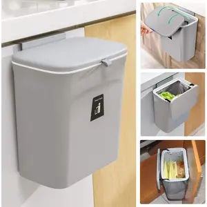 2.4-gallon kitchen trash bin, suitable for countertop or under the sink, hanging small trash can with lid, suitable for cabinets/bathroom/bedroom/office/camping, installable indoor compost bin, gray
