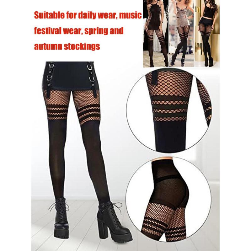 Women's Sexy Mock Thigh High Fishnet Tights, 2-Pairs Suspender Style Pantyhose, See-through Mesh Leggings with Striped Detail, Perfect for Date Night, Party Outfits & Daily Wear, All Seasons Fashionable Basic Legwear