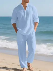 Men's linen casual suit, loose-fit Henry long-sleeved shirt and linen pants. Comfortable and fashionable for summer, suitable for daily wear and beach and seaside vacations.