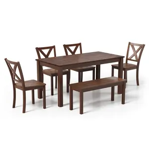 [Summervibes] AMERLIFE 6-Piece Farmhouse Dining Table Set, 59" Wooden Table with 4 Chairs & Bench, Kitchen & Dining Room Set for 6, Space-Saving Rustic Dining Set
