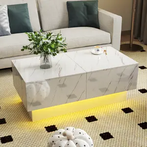 LED Coffee Table Extendable Living Room Center Table with Sliding Tabletop, Multifunctional Modern Coffee Table with Hidden Storage Compartment, White