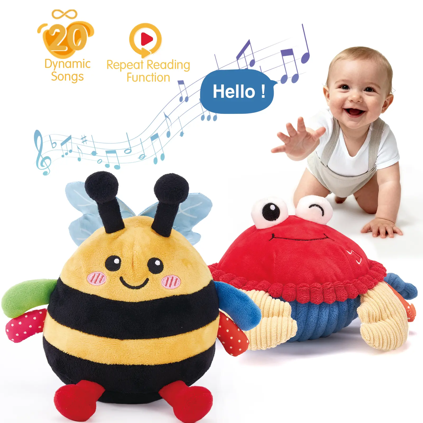 Hahaland Musical Interactive Dancing Crab/Bee/Football Plush Toy - 20 Songs & Repeat What You Say- Walking Moving Bouncing Crawling Toddler Toy 1-3 Baby Toy Infant Tummy Time Toy 0-3-6-12-18 Months Birthday ,Birthday Gifts