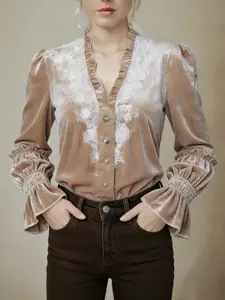 Elegant French Vintage Aesthetic Style Women's Velvet Blouse, Deep V Neck Long Sleeve, Lace Patchwork Design, High Quality Shirt for Spring & Fall