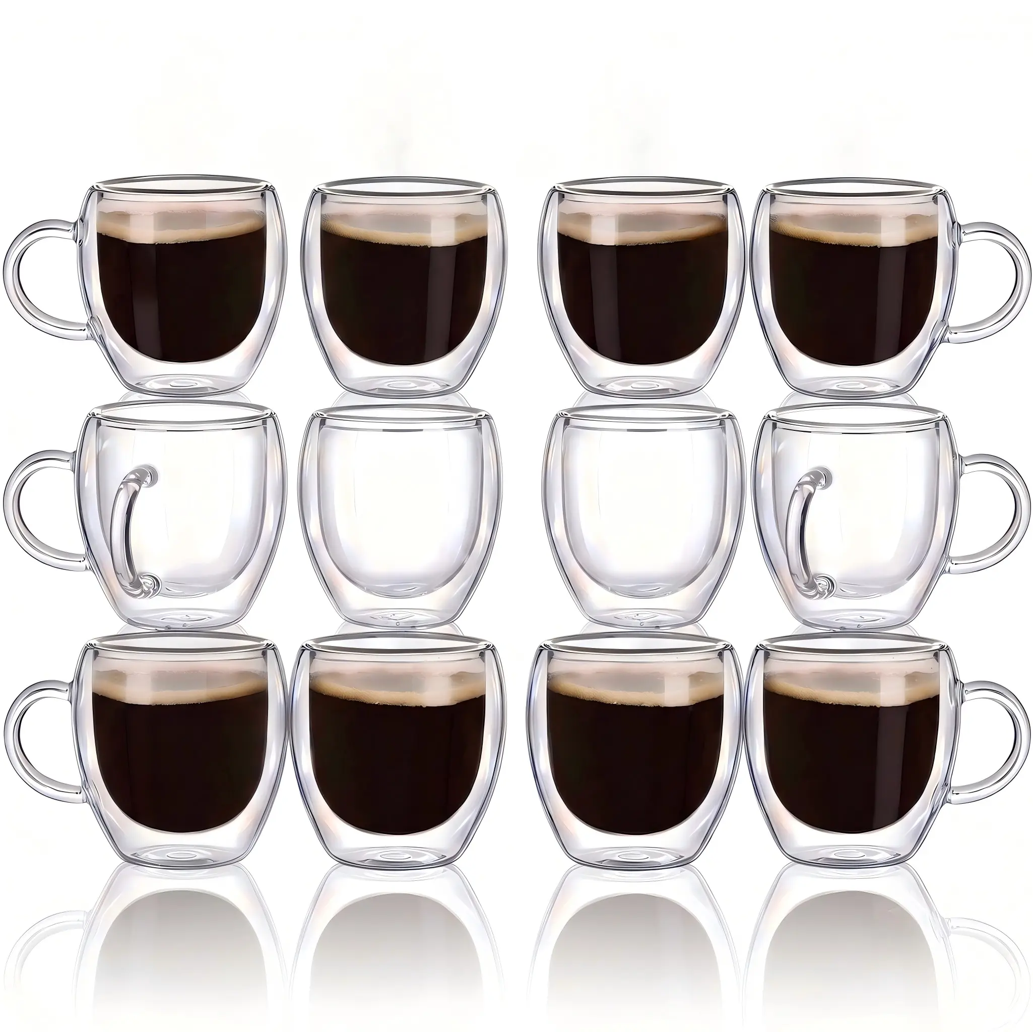8-Pack 2.5oz Double-Walled High-Borosilicate Glass Espresso Cups with Handles, Clear Kitchenware Coffee Cups for Cappuccino, Latte, Compatible with Espresso Machines