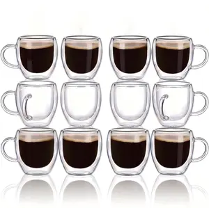 8-Pack 2.5oz Double-Walled High-Borosilicate Glass Espresso Cups with Handles, Clear Kitchenware Coffee Cups for Cappuccino, Latte, Compatible with Espresso Machines