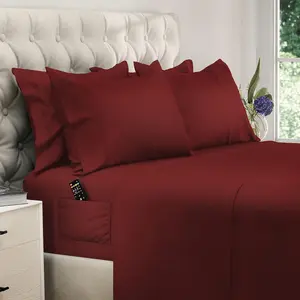 DREAMCARE California King Sheet Sets - 6 pcs Breathable Cooling Bed Sheets - up to 21" Extra Deep Cal King Sheets with Side Pockets - Extra Soft 100% Brushed Hypoallergenic Hotel Luxury Bedding Brgndy