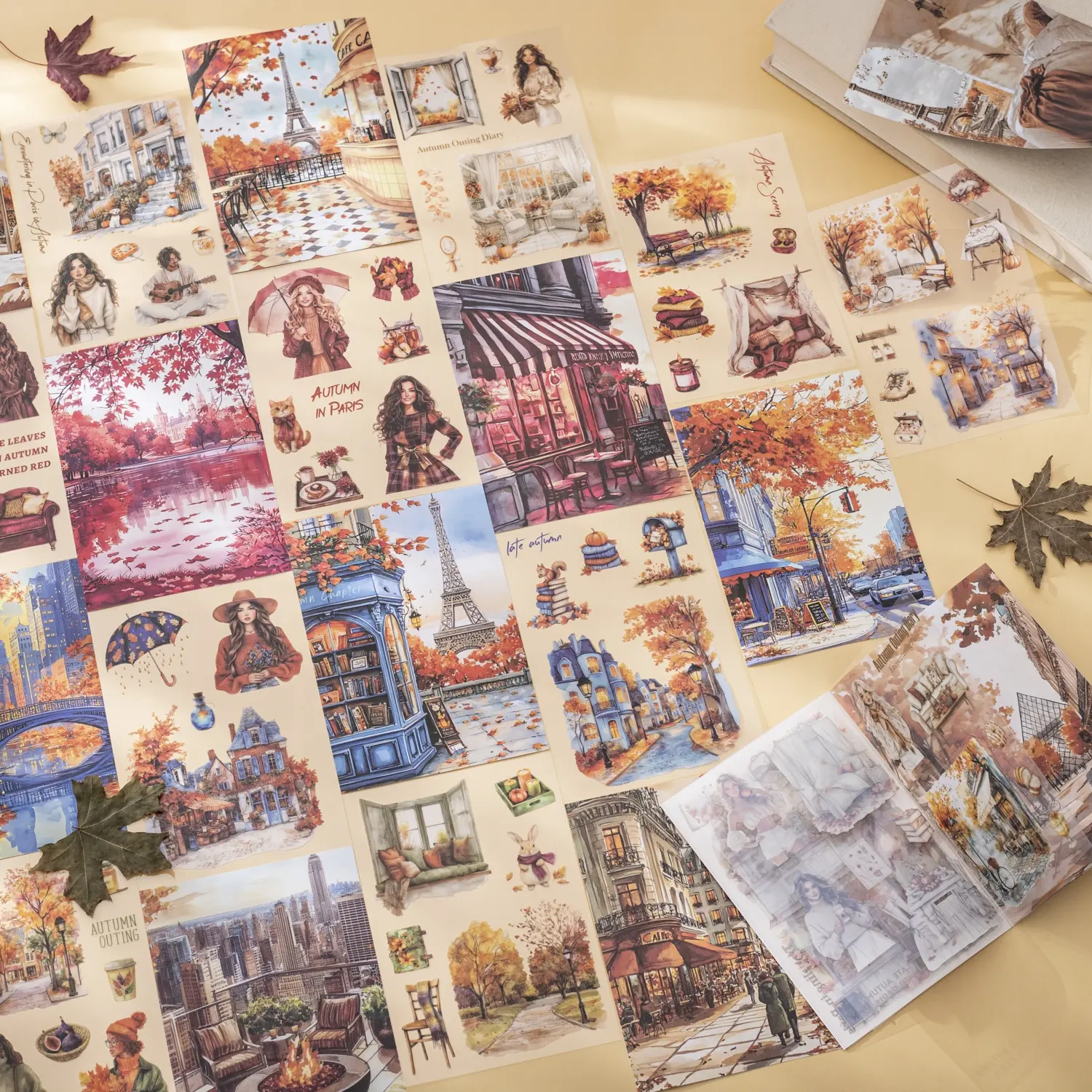 Paris Autumn Series Sticker Book, 24 Sheets/book, 10 Pet + 10 Washi Stickers, Paris Scenery Theme Decorative Stickers for Journals & Bottles, Art Stickers