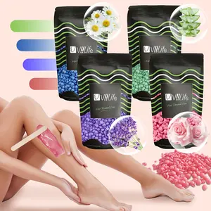 Viilife VIII.LIFE 4 Hard Wax Beads with 20 Wooden Sticks for Hair Removal Brazilian Bikini Wax Sensitive Light Beige Whole Body Legs Face Underarms Perm Beads for Women and Men Waxing Set Gentle