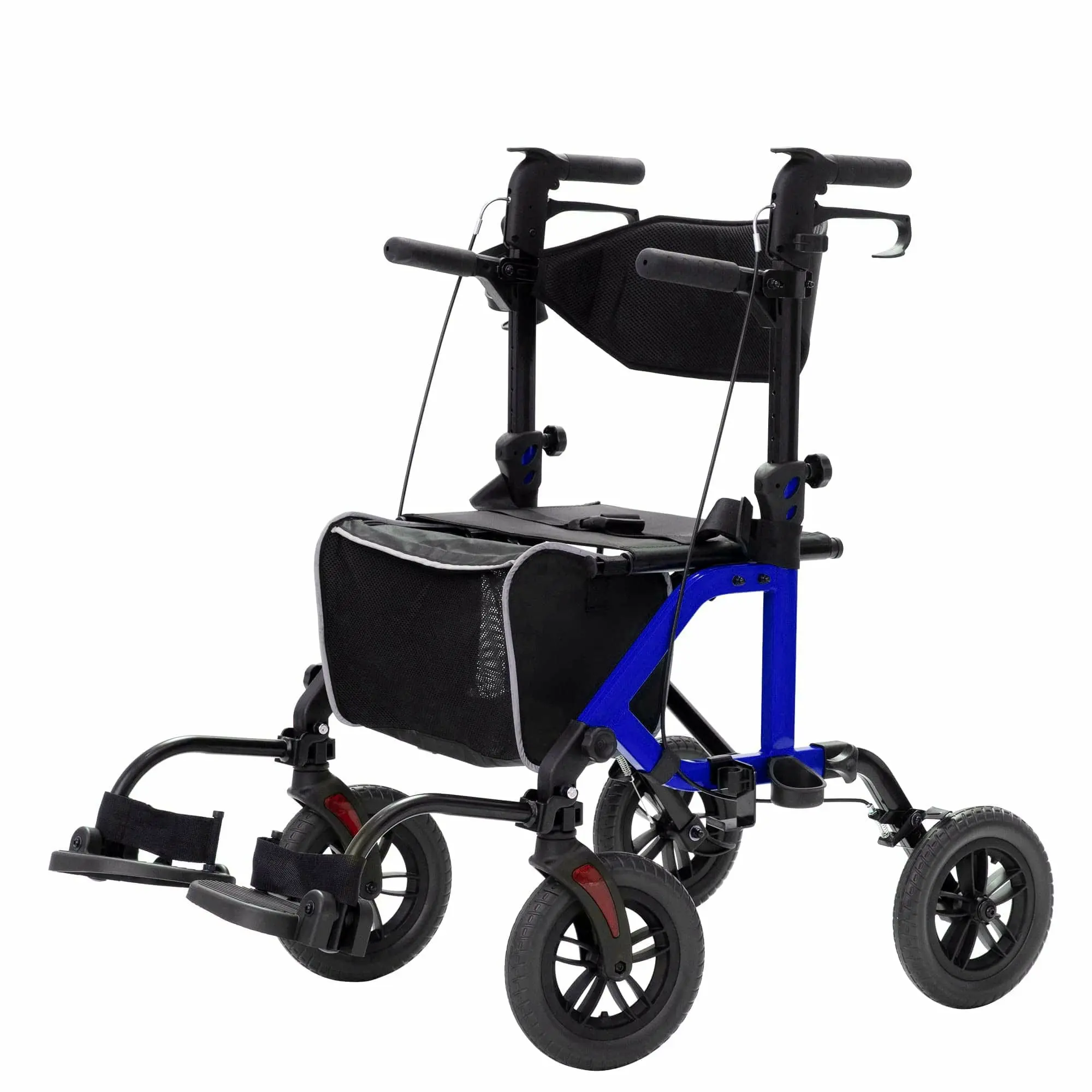 ELENKER Foldable 2-in-1 All-Terrain Walker-Chair for Seniors (Model KLD-9224), 8in Burst-Proof Solid Polyurethane Wheels, Sponge Padded Seat & Backrest, Secure Adjustable Durable Frame, 10in Blue Safety Support Healthcare Equipment with Easy Storage