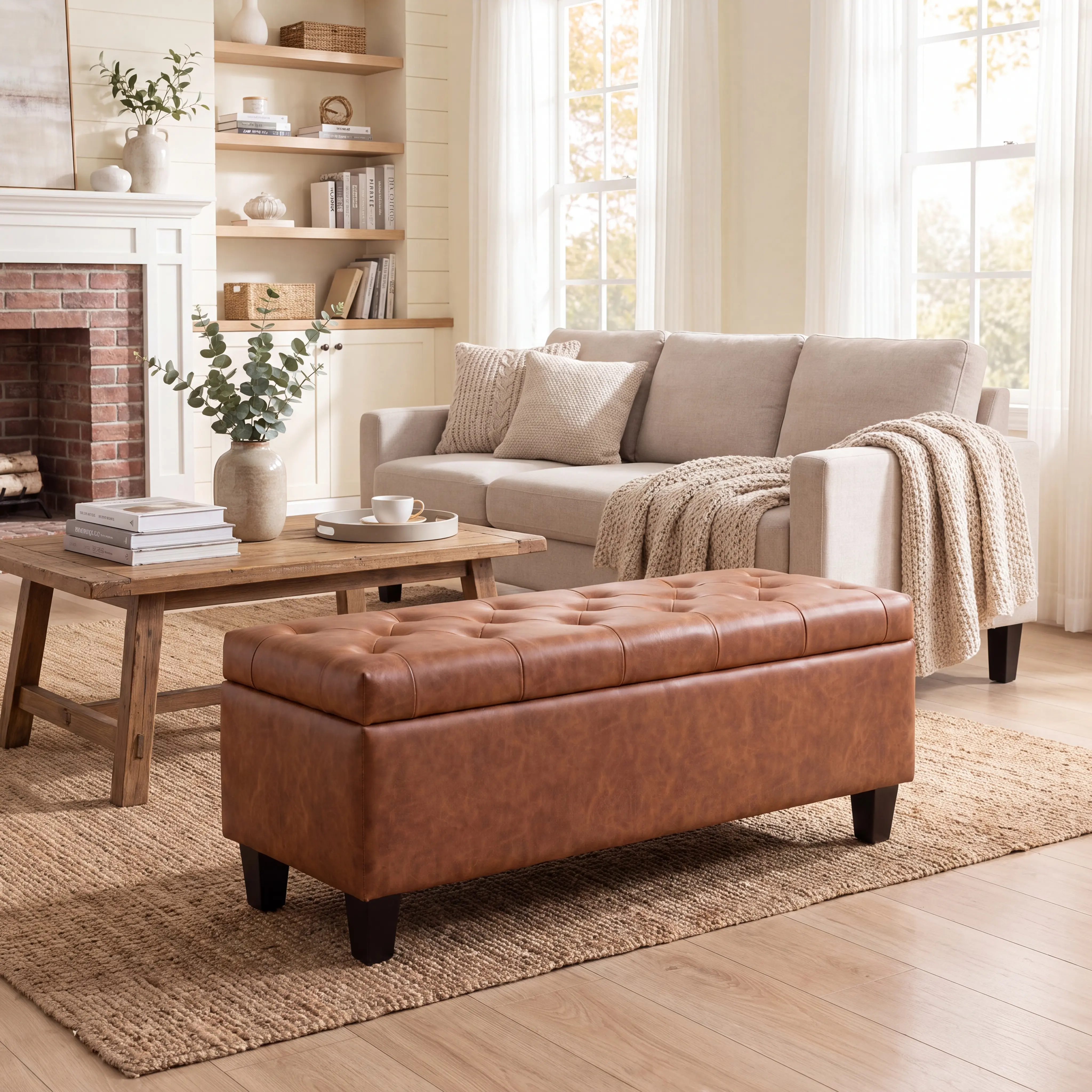 【JOYVELLEHEIM】 42″ Faux Leather Storage Ottoman Bench, End of Bed Storage Benches, Button Tufted, Solid Wood Leg, Safety Hinge, Modern Accent Leather Ottoman Storage for Bedroom Living Room Entryway deep indoor Multipurpose Furniture Ottoman With Storage