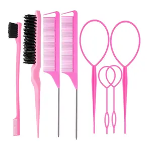 8PCS Hair Styling Tools Set – Topsy Tail Tools, Teasing Brush, Edge Brush & Rat Tail Combs (Pink)