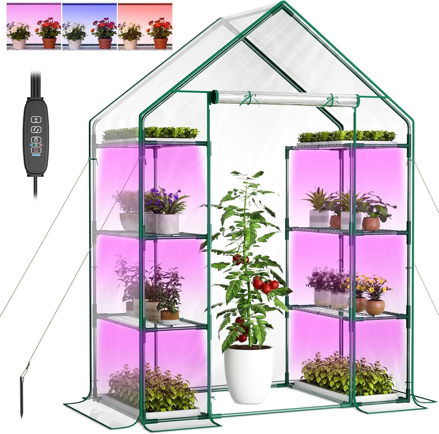 Docred Greenhouse with Grow Light & Timer, 4-Tier Mini Greenhouse 56.3“x28.7”x76.8" Small Greenhouse with Zippered PVC Cover for Seed Starting Trays, Dimmable Plant Light for Indoor & Outdoor Plants