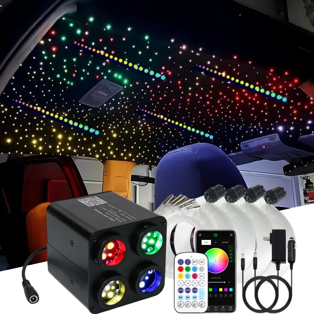 Twinkle 4 Color 1800 Pcs Starlight Headliner Kit + 120 Pcs RGB Colorful Shooting Stars, Total 1920 Pcs Fibers Length 13.1Ft, 36W RGBW LED Multicolor Fiber Optic Star Light with Music APP and Remote Control for Big Luxury Vehicle / Home Ceiling Light., Adj