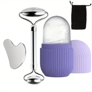 3 in 1 Ice Roller & Gua Sha Set with Storage Bag, Stainless Steel Face Skin Care Tool, Face Lifting Roller, Professional Facial Massage Tool, Eye Care & Beauty Enhancement