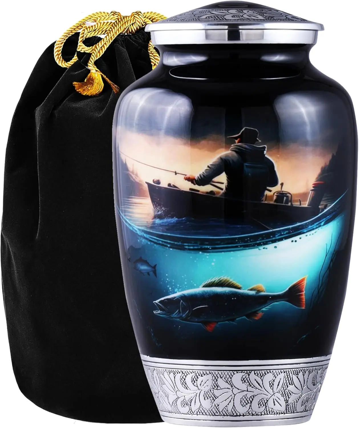 Fishing Cremation Urn for Human Ashes |  Cremation Urn for Ashes, Handmade Funeral Urns with Velvet Bag 200cubic Inch. (Black Engraved, Adult)