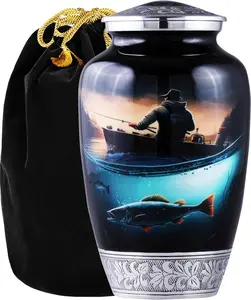 Fishing Cremation Urn for Human Ashes |  Cremation Urn for Ashes, Handmade Funeral Urns with Velvet Bag 200cubic Inch. (Black Engraved, Adult)
