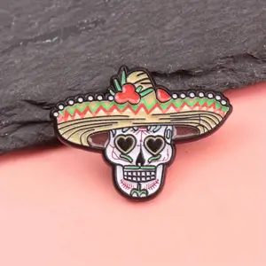 Mexican Folk Skull Headband Decorative Badge - Sugar Skull Lapel Pin with Heart-Shaped Eyes, Red/Green/Black Feather Embellishment - Mexican Day of the Dead, Halloween, Carnival Costume - Vintage Mexican Day of the Dead Decoration - Clothing, Bags, Hat Pi