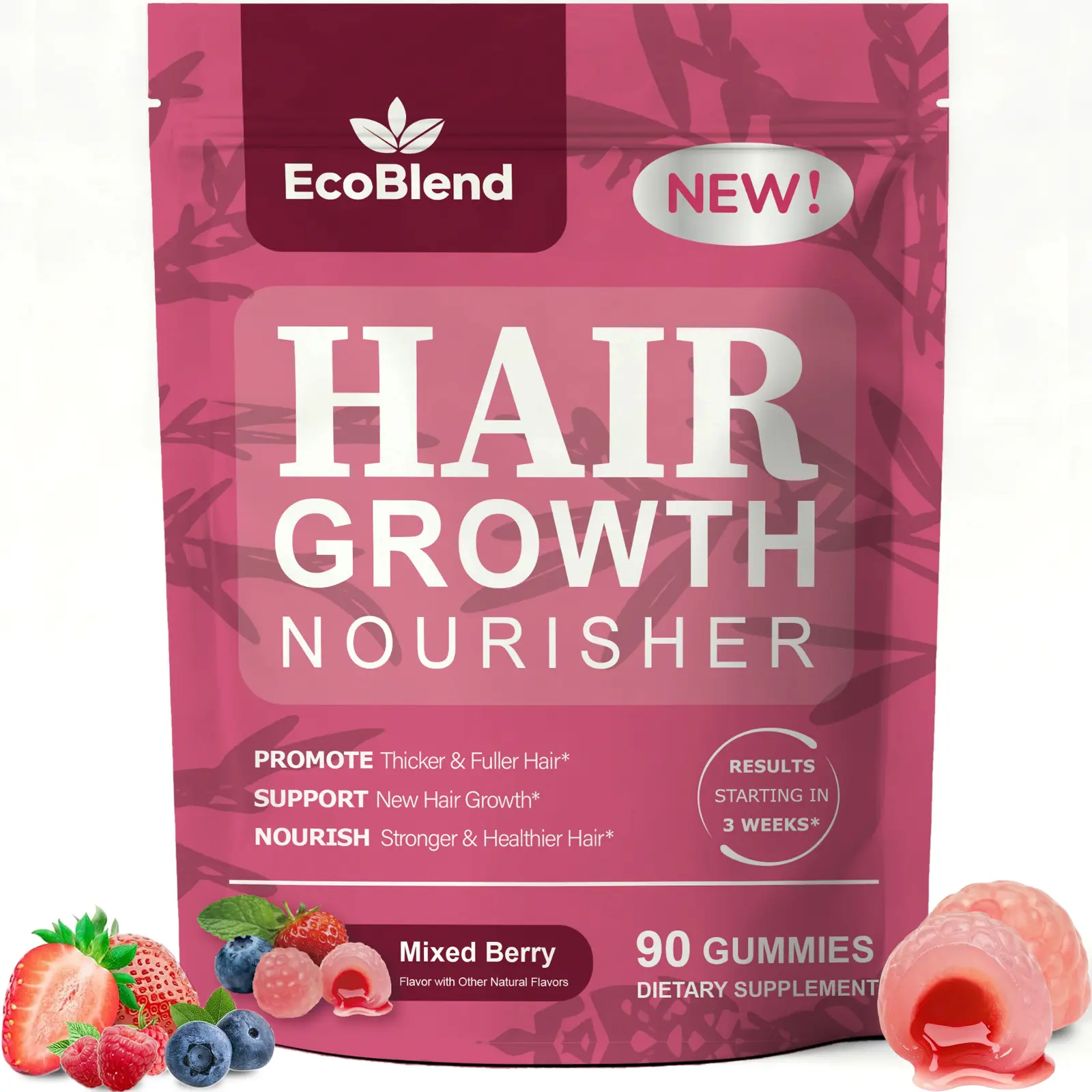 EcoBlend Women's Edible Chewable Healthcare Collagen Hair Growth Gummies - Natural Biotin Supplement for Thinning Hair, Brittle Nails, Adults, Juicy Mixed Berry Flavor, 45-Day Supply (90 Ct), Hair Supplements, Daily Nourishing Supplement