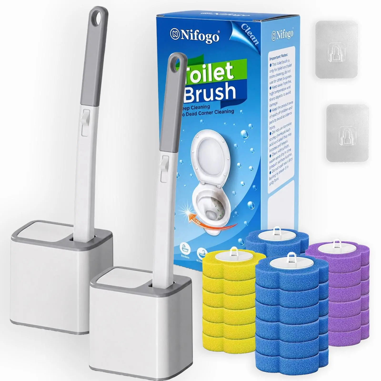 Nifogo Durable Wall-Mount Toilet Brush Cleaning Tool Set, Daily Hygienic Wand Kit with 24 Disposable Toilet Bowl Cleaner Refills, Long-Handle Multifunctional Heavy-Duty Scrubber with Sticky Hook for Bathrooms(Style 02 Double + 24 Refills)