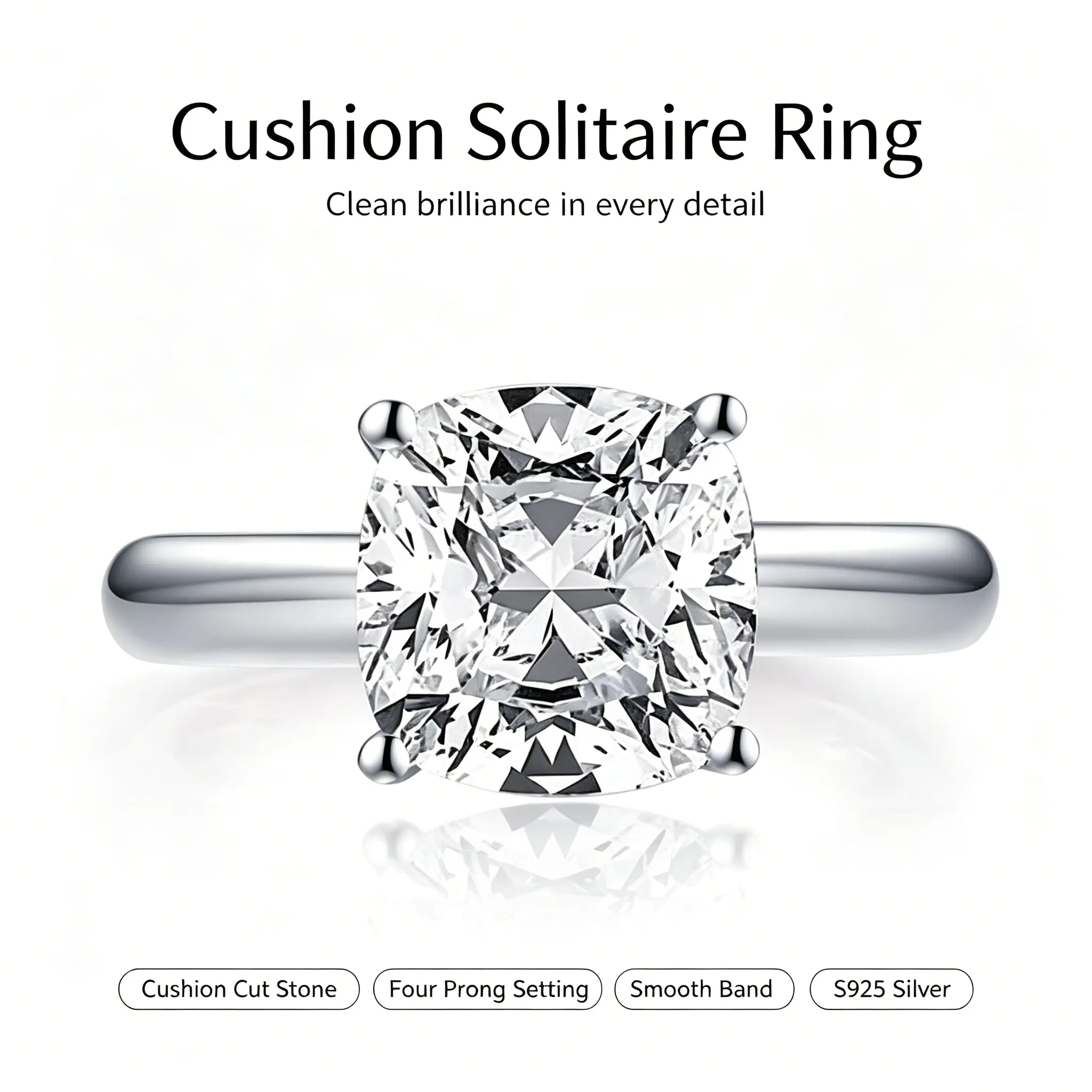 3CT Cushion Cut Moissanite Solitaire Ring, Plain S925 Silver Polished Band, Quiet Luxury Evening Statement Engagement Ring beautiful ring