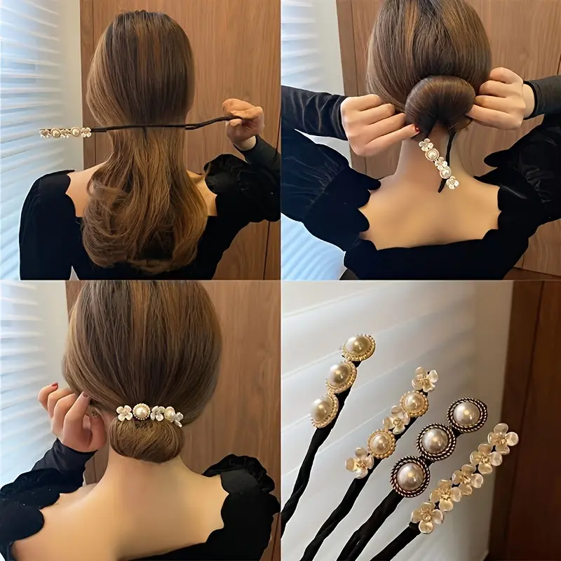 4-piece twisted bun maker, artificial pearl decorative hairpin, flower hair band and DIY hairstyle accessories, suitable for ladies and daily use.