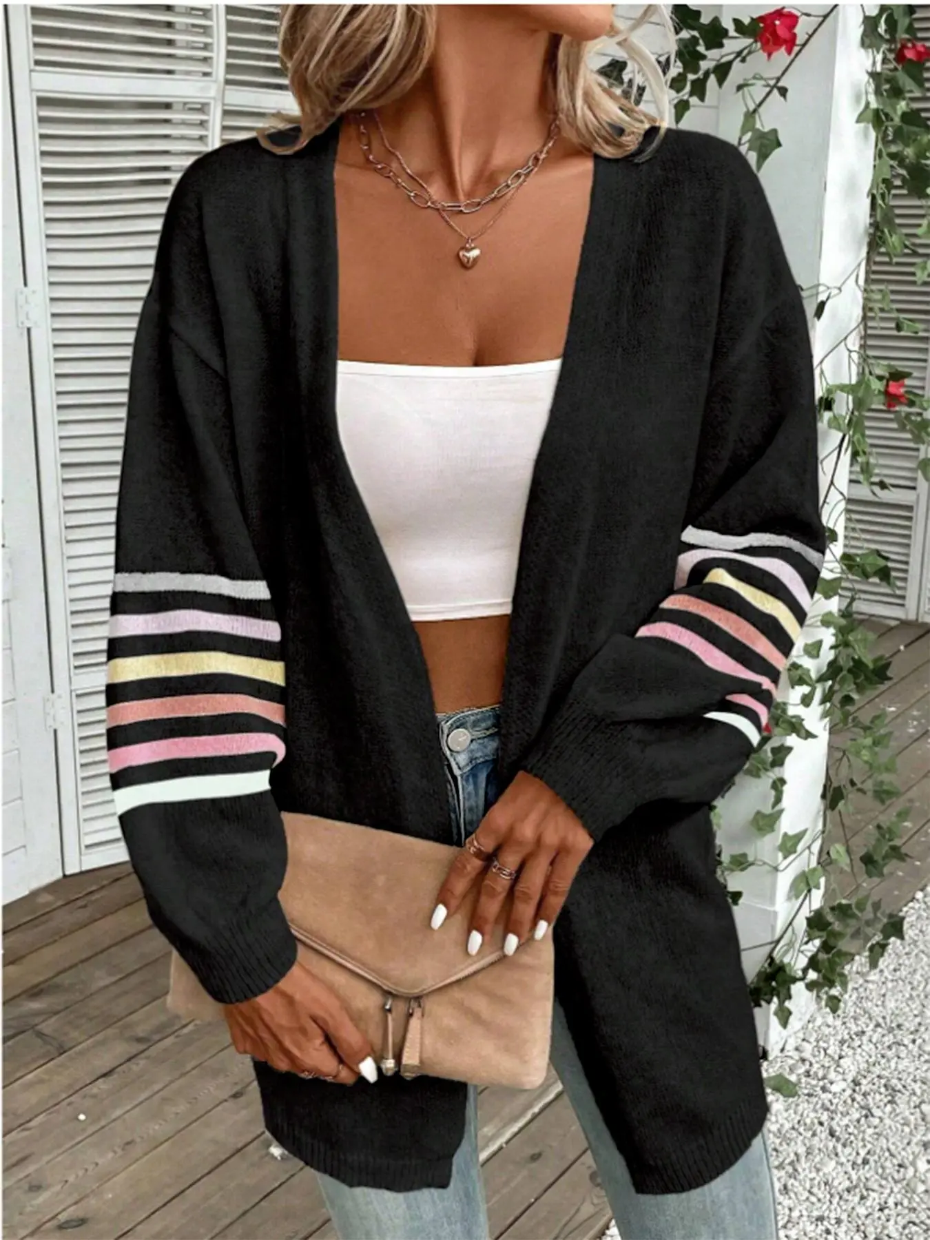 Plus Size Striped Print Drop Shoulder Cardigan, Casual Soft Long Sleeve Open Front Knitting Knitwear, Women's Plus Clothing Womenswear for Daily Wear