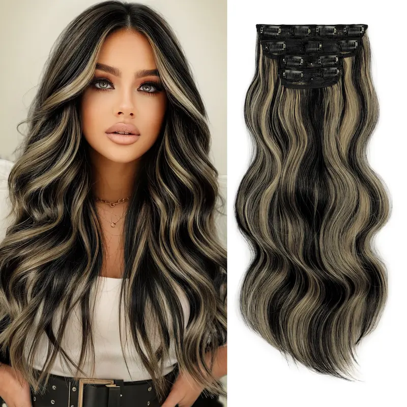 Fxmongyi Clip in Hair Extensions 20 Inch 4PCS Natural & Soft Hairpieces Double Weft Synthetic Hair Extensions for Women