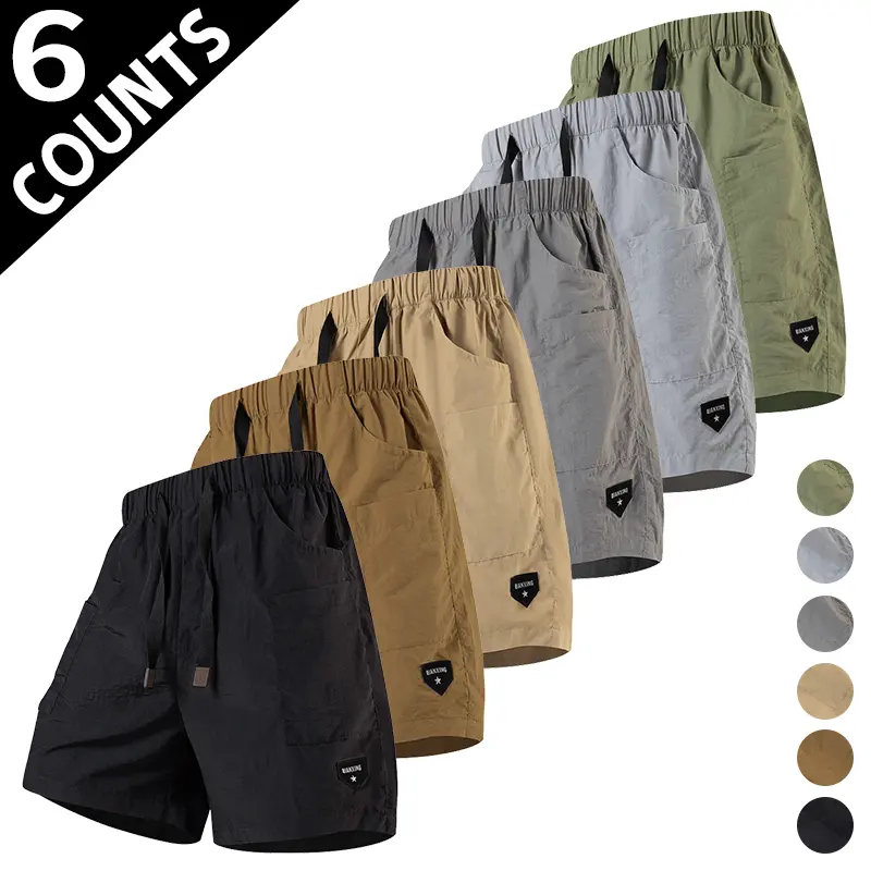 6-Pack Men’s Cool Touch Quick Dry Cargo Shorts, Multiple Pockets, Elastic Drawstring, Loose Fit, Summer Work/Casual Shorts, 6 Neutral Colors