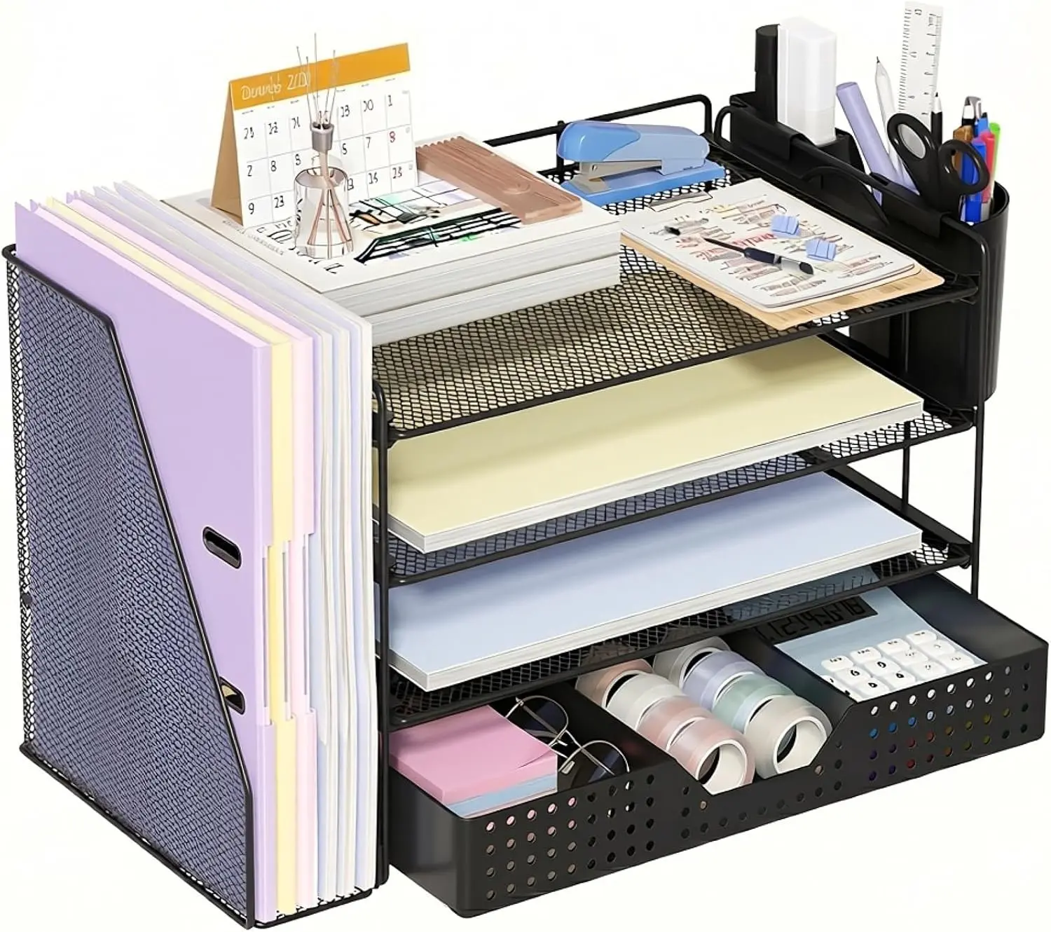 Desk Organizer 4-Tier Paper Organizer Letter Tray with File Holder Drawer and 2 Pen Holders Desktop File Organizer for Office Supplies Workspace Storage Black