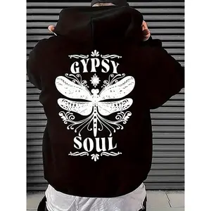 Men's Gypsy Soul Print Hooded Sweatshirt Casual Knitted Polyester Hoodie with Front Pocket, Geometric Pattern, Stretchable Four-Season Fabric for Hiking and Daily Wear