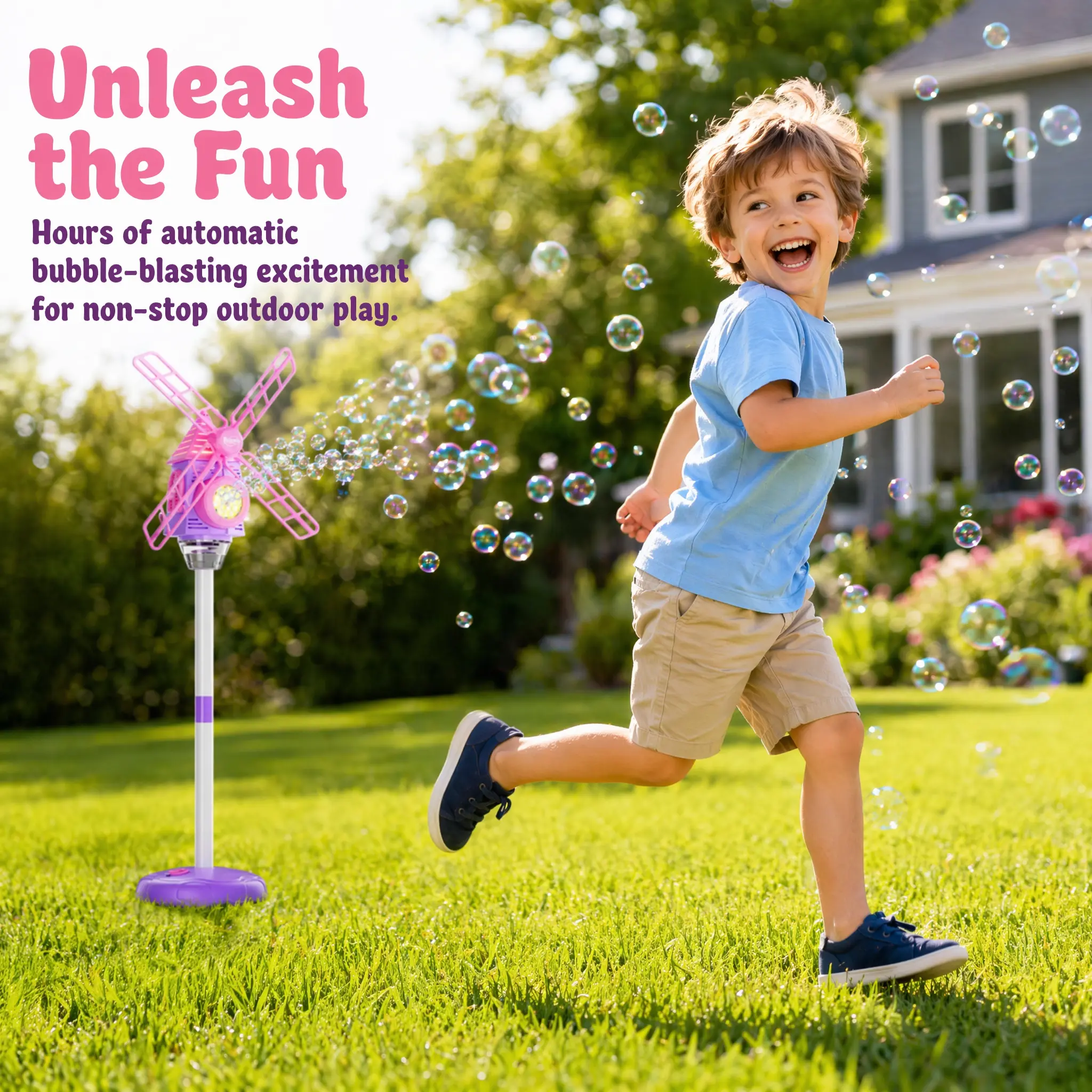 Standing Bubble Machine - Automatic Bubble-Blasting Toy with Warm LED Lights, 1-Key Start, Adjustable Height, 50ML Concentrated Liquid, Plastic Outdoor Toy for Ages 8-10 Kids, Ideal for Gifting
