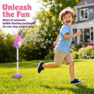 Automatic Windmill Bubble Machine with Warm LED Lights, 1-Key Start, Adjustable Height, 50ML Concentrated Bubble Liquid, for Ages 8-10 Kids Outdoor Play & Gifting