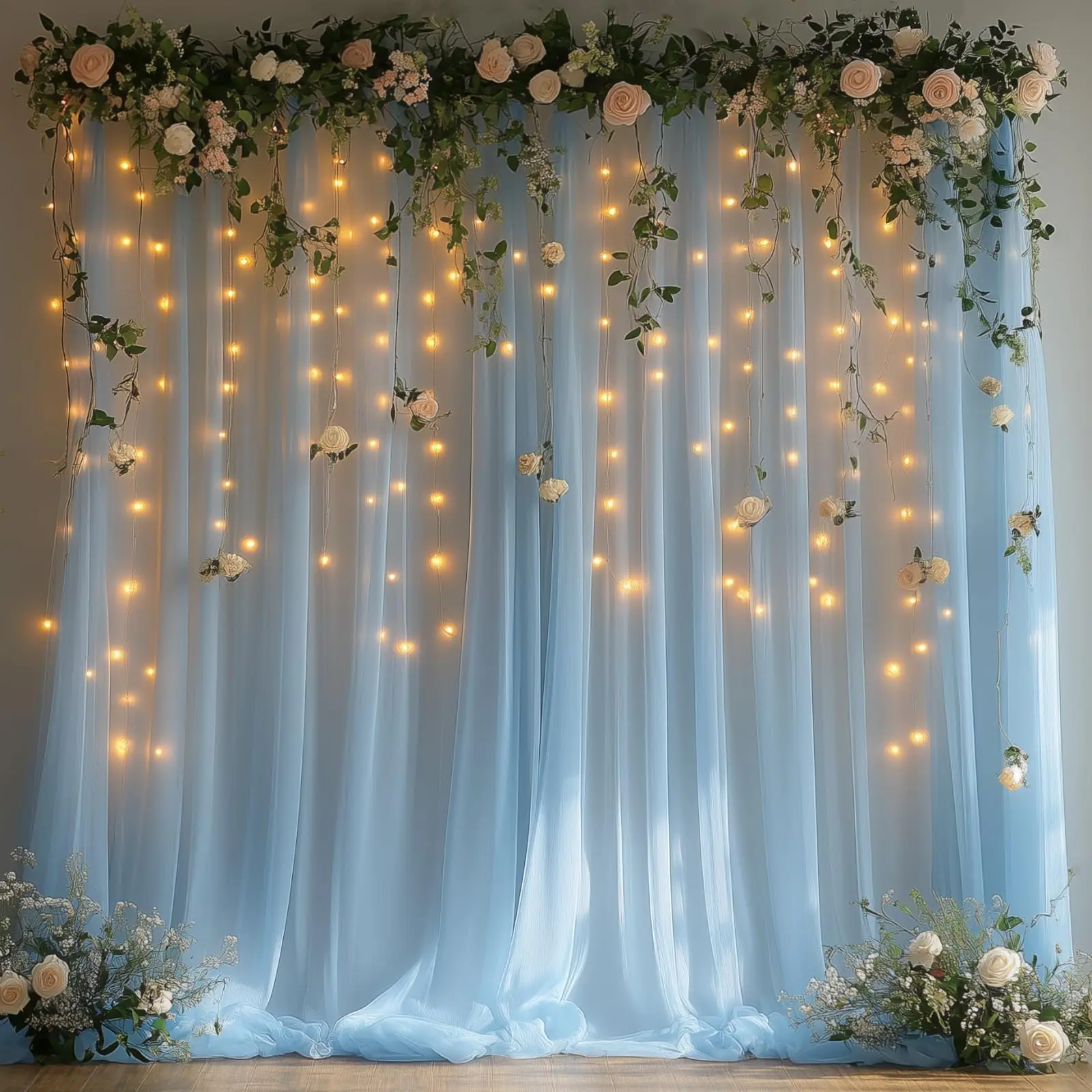 Blue Tulle Backdrop Curtain, 10x10ft Sheer Light-Up Drapes with 300 Warm LED Lights for Outdoor Wedding, Party, Photo Booth Decor - Rod Fit & Easy Install, Elegant, Synthetic, Anti-Tangle
