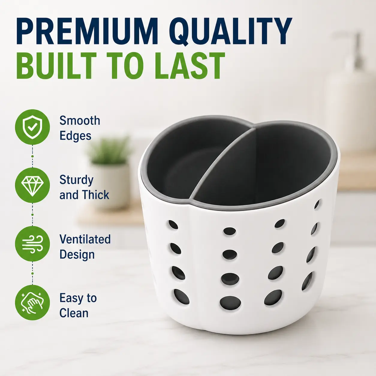 2-Compartment Plastic Makeup & Desk Storage Organizer Basket, Small Ventilated Makeup Brush Holder, Countertop Vanity & Bathroom Pen Caddy, Compact Toothbrush & Skincare Holder Container for Vanity Desk (3.5x3.7x3.3 in)