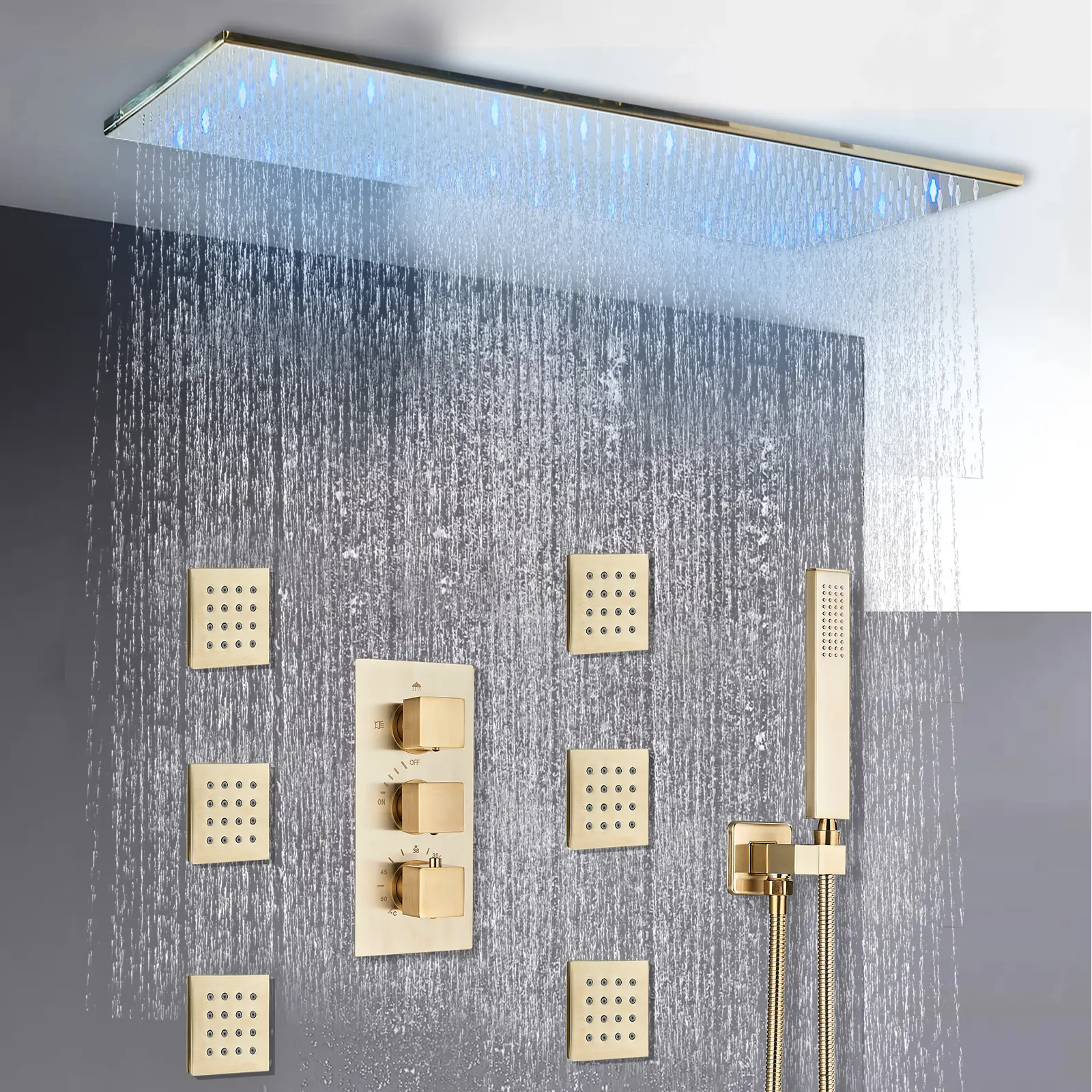Luxury Thermostatic Shower Faucet set,Ceiling Mount 16X32 Inch LED Large Rainfall Shower Head Combo, Shower System with 6pcs Massage Body Spray Jets,Shower Fixtures Kit Handheld Shower Brushed Gold