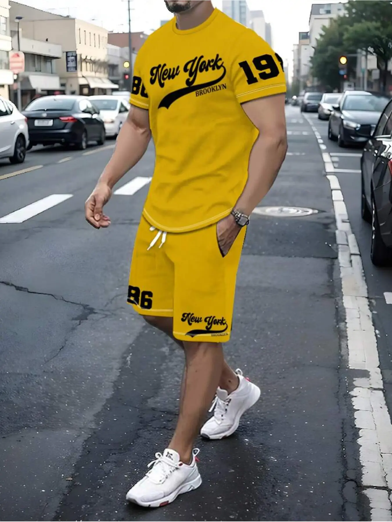 Summer Short-Sleeve T-shirt and Shorts Matching set, Casual Sporty Set, Menswear, Men's Fashionable Casual Fitted Breathable Soft Logo Print Crew-Neck Set, Outfit, Clothes