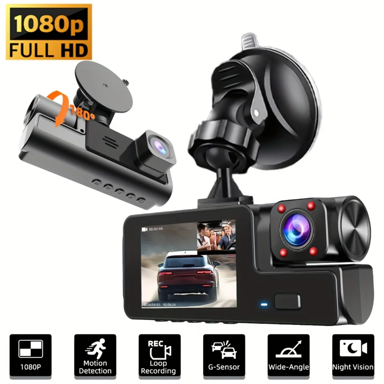 Full HD 1080P Dual Lens Dash Cam for Cars, Front & Rear Recording, Loop Recording, G-Sensor, Wide Angle Driving Recorder