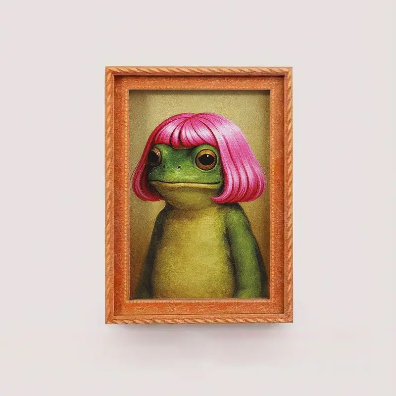 Funny Frog Magnet with Bob Haircut - Weird Core Fridge Decor - Cute Meme Gift for Bestie & Coworker Wooden Refrigerator Decorating Magnet Decoration Funny Magnets